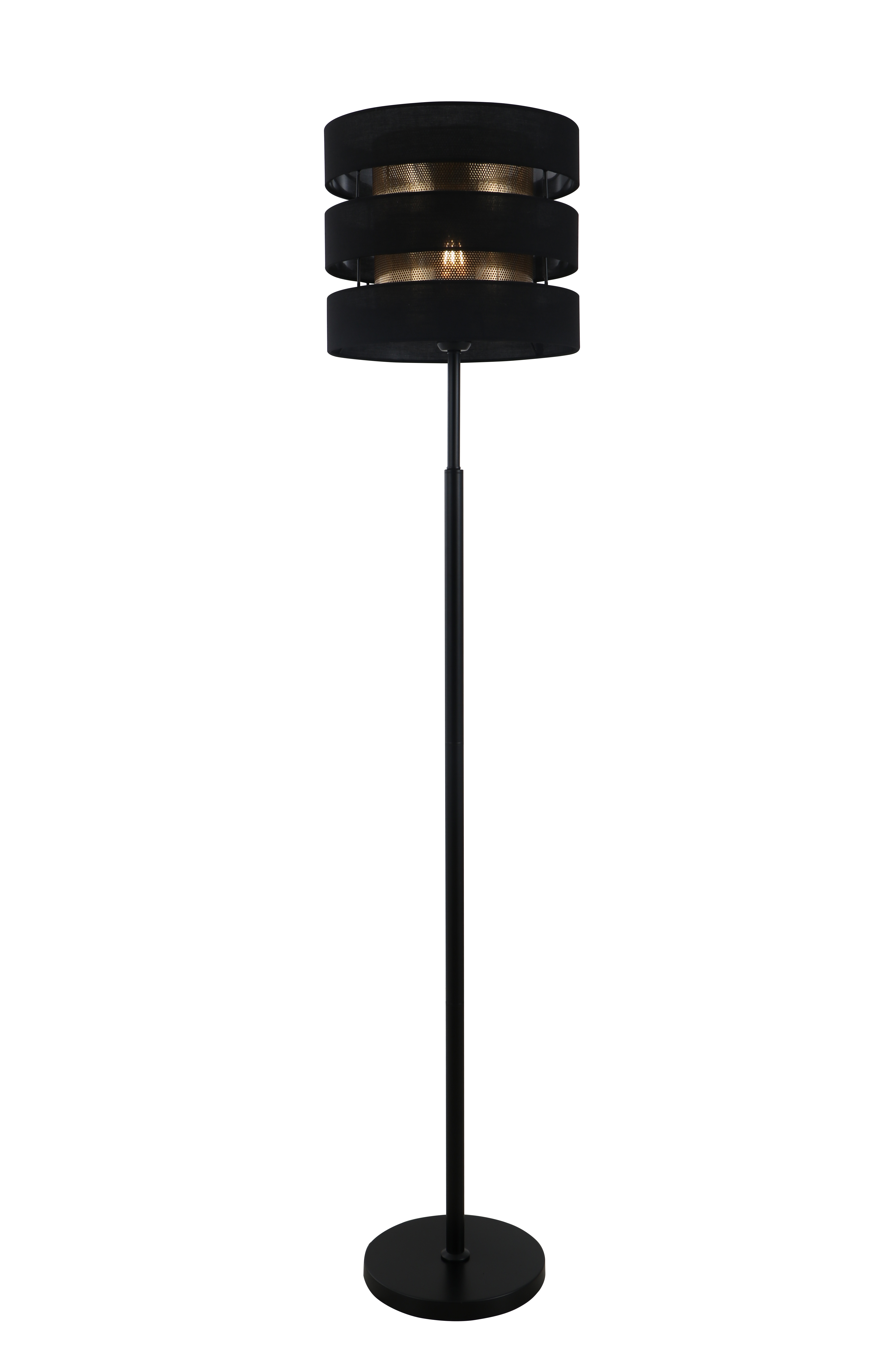 Wie wirkt sich das geometrische Layout der schwarzen Stehlampe mit zwei Schatten auf die Lichtverteilung und die räumliche Ästhetik aus?