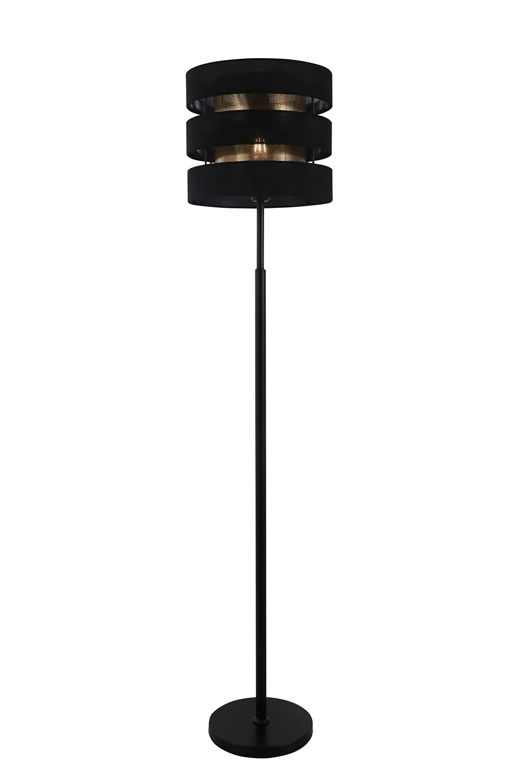 Wie wirkt sich das geometrische Layout der schwarzen Stehlampe mit zwei Schatten auf die Lichtverteilung und die räumliche Ästhetik aus?