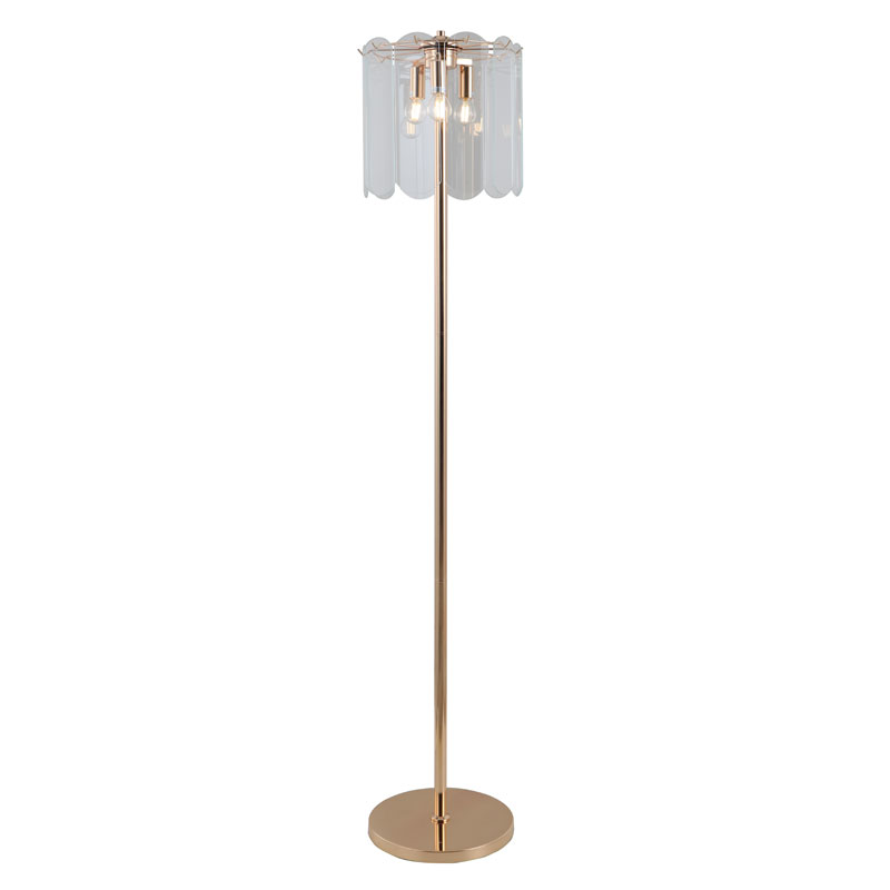 3-flammige goldene Stehlampe aus klarem Glas