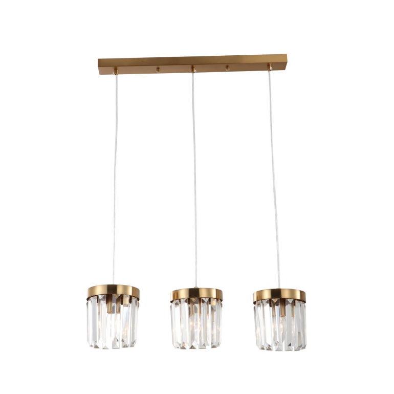 3-Licht E14 gebürstetes Messing K9 Kristallstangenanpendel Licht