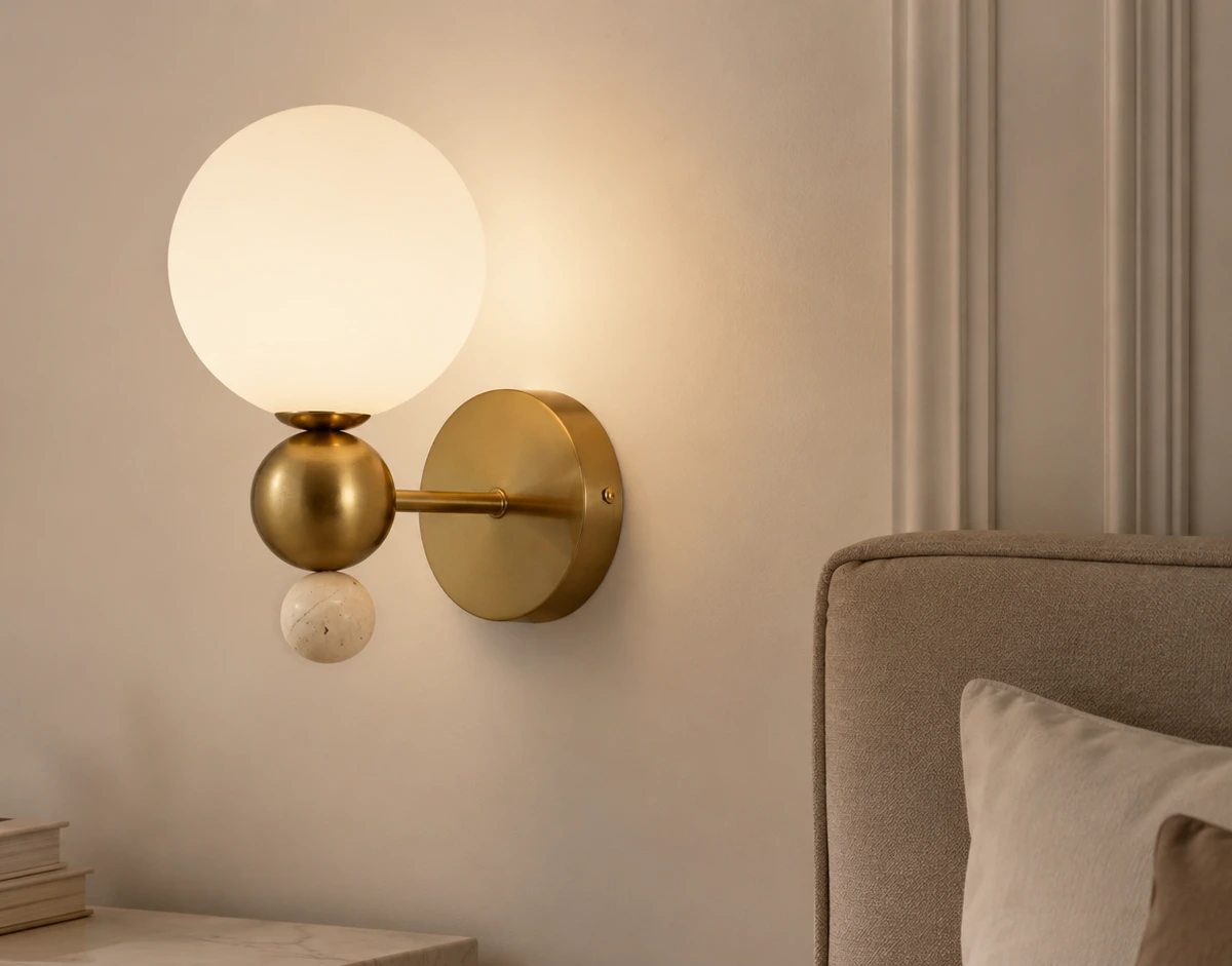 Strong Lighting STB16063-1 modern brushed brass wall sconce with a spherical white milk glass globe and natural beige marble ball accent decoration