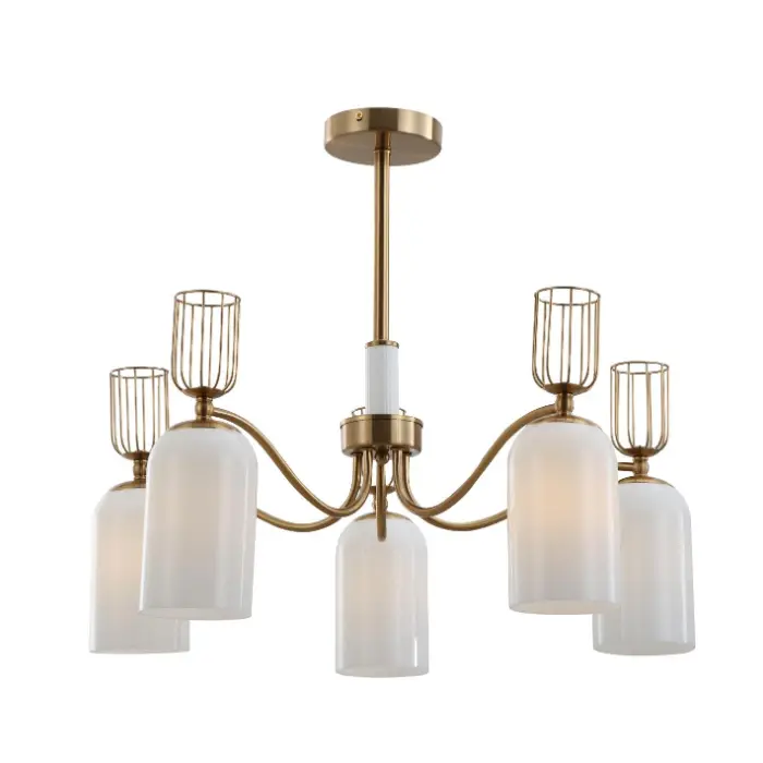 Retro 5-Licht Milch weißes Glas Gold Kronleuchter