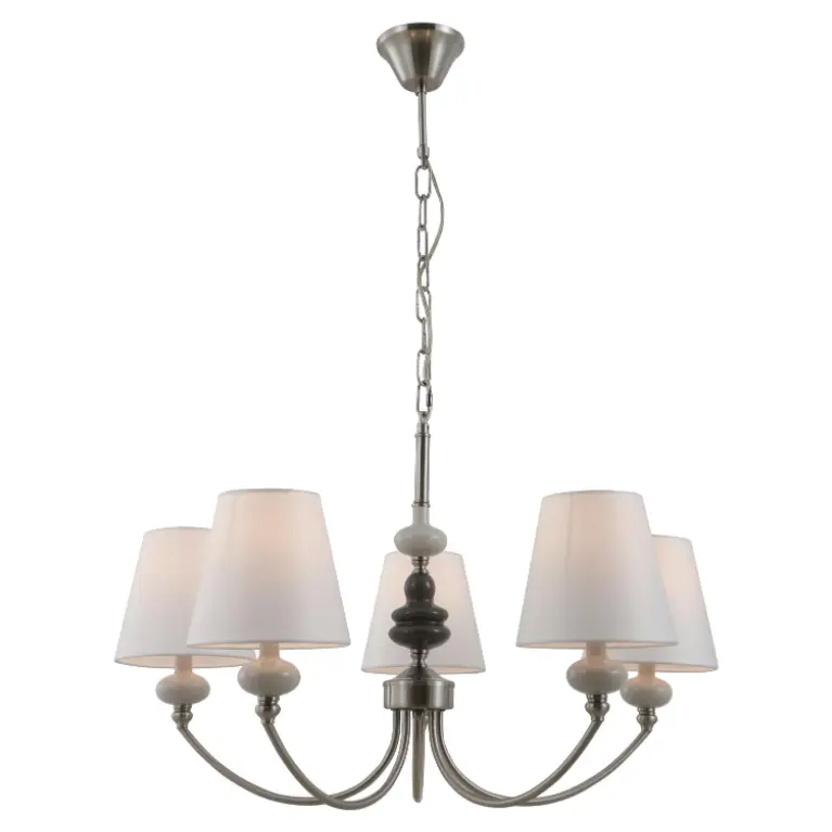 Satin-Nickel 5-Lights Keramik-Kronleuchter mit weißen konischen Stofftönen